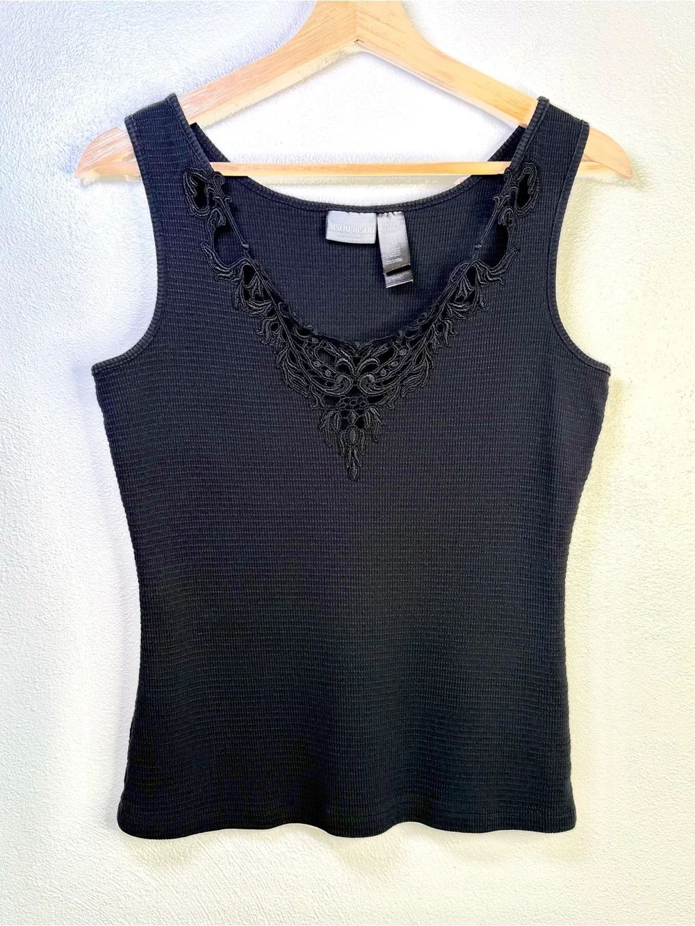 Bisou Bisou Women's Vintage Y2K Black Ribbed Knit Fitted Boho Tank Top Size XL - Picture 1 of 16